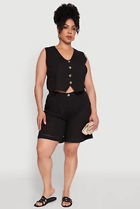 Womens Plus Size Trendy Linen Crochet Detail Cropped Vest, Black, Size 2X