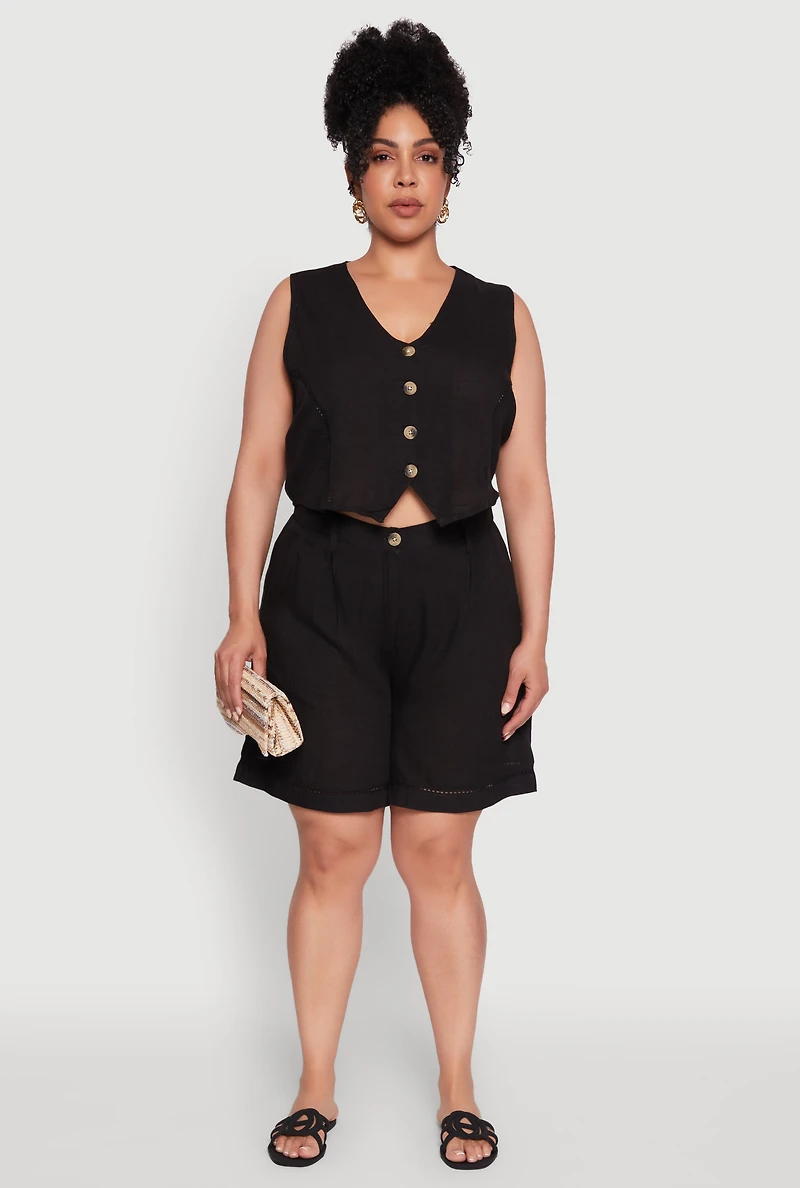 Womens Plus Size Trendy Linen Crochet Detail Cropped Vest, Black, Size 2X