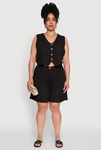 Womens Plus Size Trendy Linen Crochet Detail Cropped Vest, Black, Size 2X