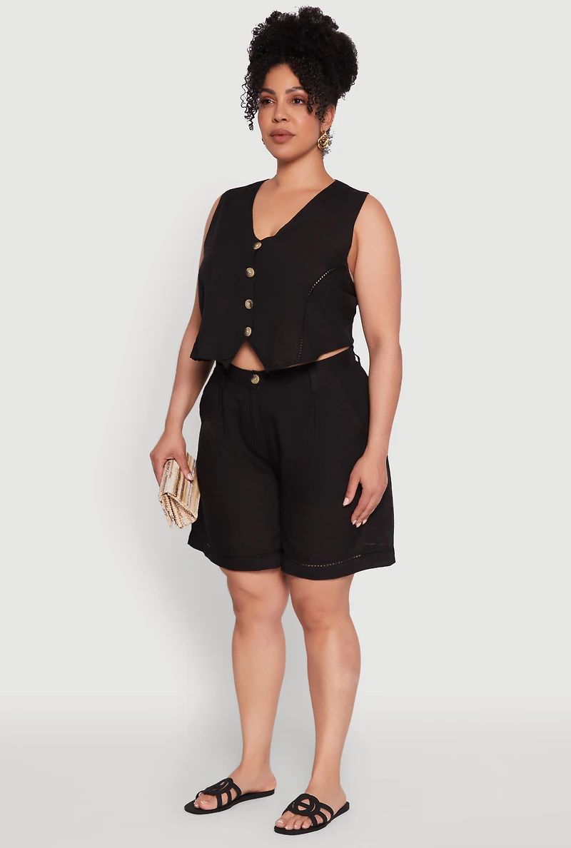 Womens Plus Size Trendy Linen Crochet Detail Cropped Vest, Black, Size 2X