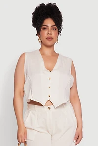 Plus Linen Crochet Detail Cropped Blazer Vest