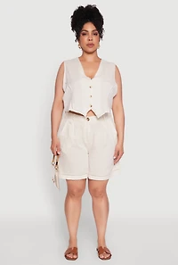 Womens Plus Size Trendy Linen Crochet Detail Cropped Vest, Beige, Size 3X
