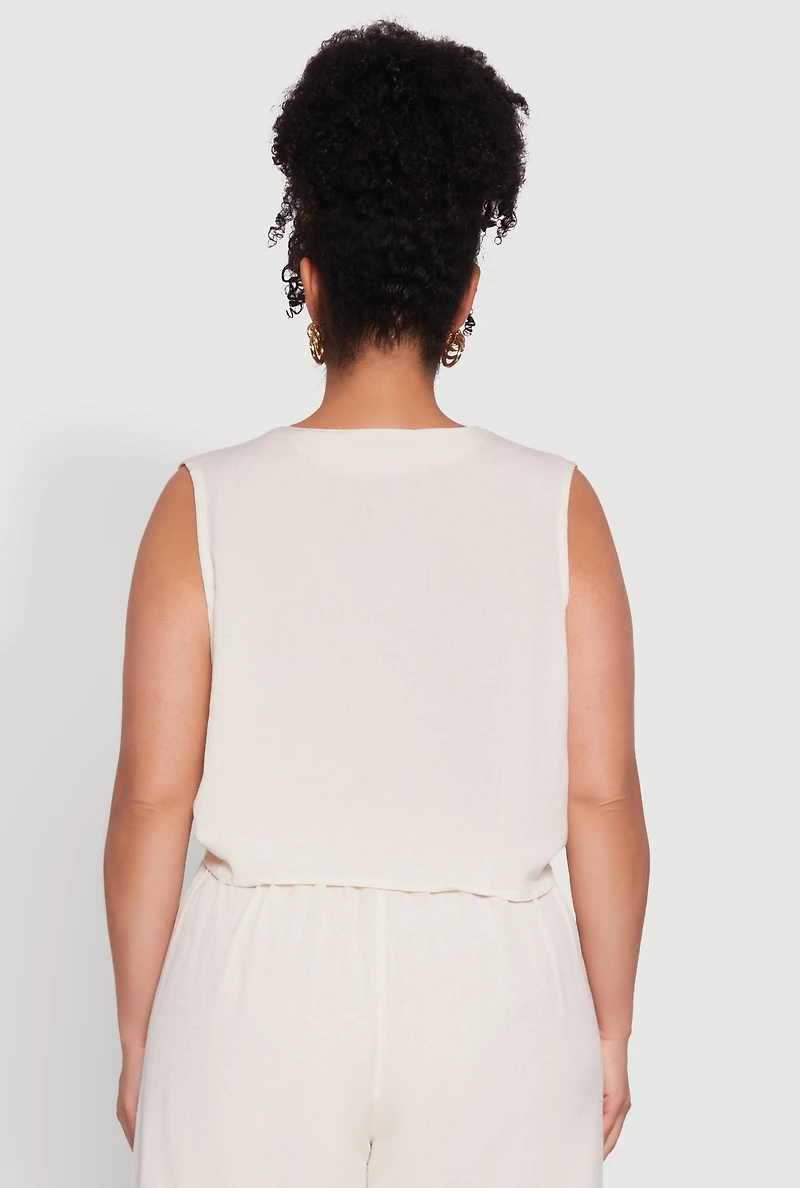 Womens Plus Size Trendy Linen Crochet Detail Cropped Vest, Beige, Size 3X