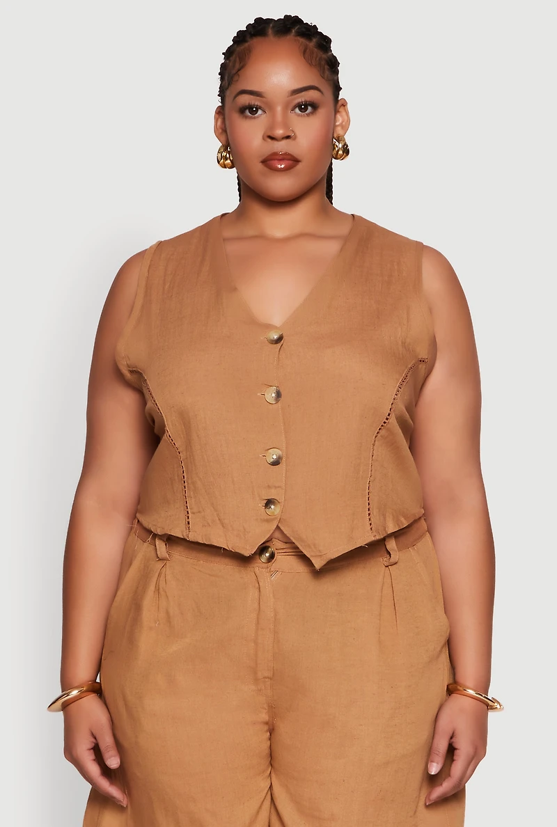 Womens Plus Size Trendy Linen Crochet Detail Cropped Vest, Brown, Size 2X