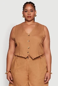 Womens Plus Size Trendy Linen Crochet Detail Cropped Vest, Brown, Size 2X