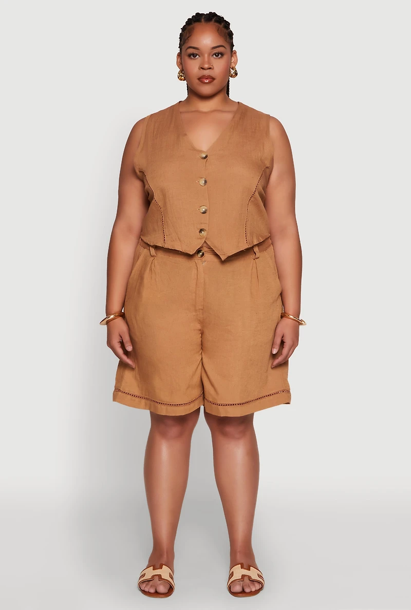 Womens Plus Size Trendy Linen Crochet Detail Cropped Vest, Brown, Size 2X