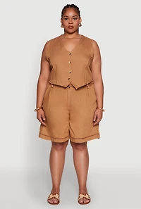 Womens Plus Size Trendy Linen Crochet Detail Cropped Vest, Brown, Size 2X
