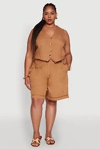 Womens Plus Size Trendy Linen Crochet Detail Cropped Vest, Brown, Size 3X