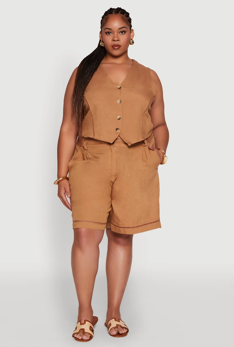 Womens Plus Size Trendy Linen Crochet Detail Cropped Vest, Brown, Size 2X