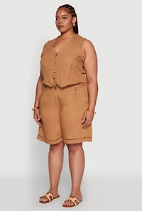 Womens Plus Size Trendy Linen Crochet Detail Cropped Vest, Brown, Size 3X