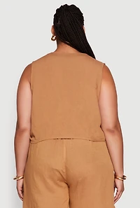 Womens Plus Size Trendy Linen Crochet Detail Cropped Vest, Brown, Size 3X