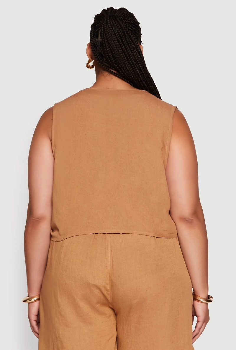 Womens Plus Size Trendy Linen Crochet Detail Cropped Vest, Brown, Size 2X