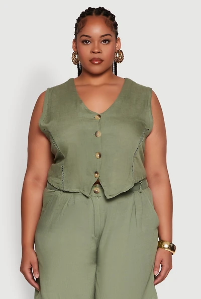 Womens Plus Size Trendy Linen Crochet Detail Cropped Vest, Green, Size 1X