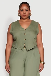 Womens Plus Size Trendy Linen Crochet Detail Cropped Vest, Green, Size 1X