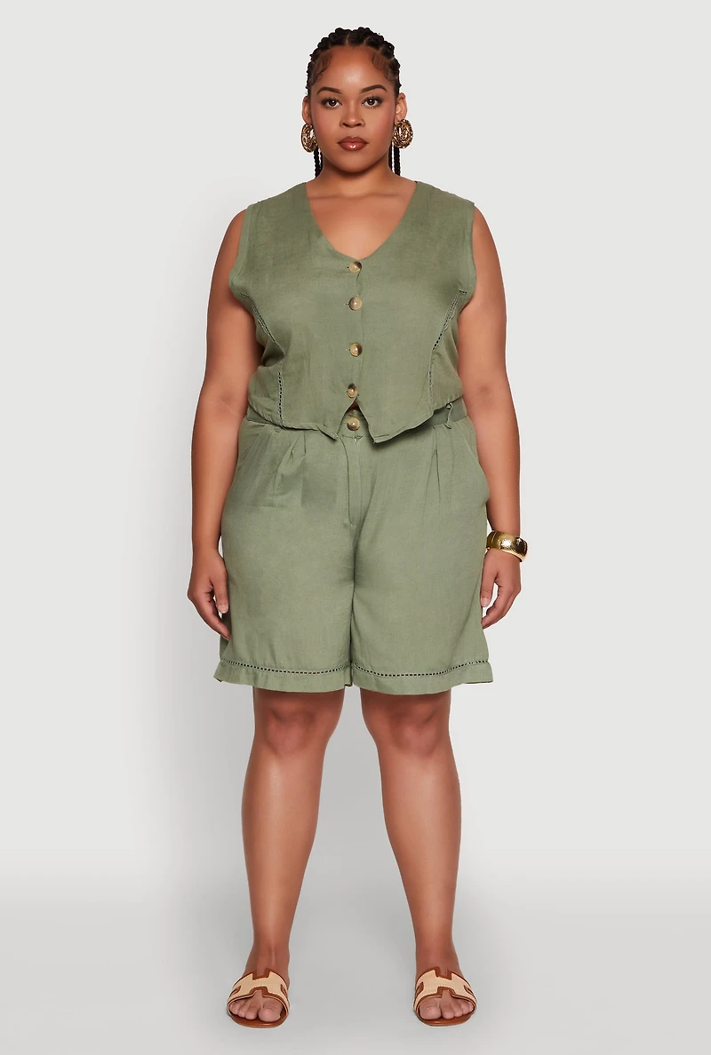 Womens Plus Size Trendy Linen Crochet Detail Cropped Vest, Green, Size 1X