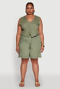 Womens Plus Size Trendy Linen Crochet Detail Cropped Vest, Green, Size 1X