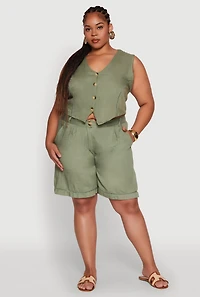 Womens Plus Size Trendy Linen Crochet Detail Cropped Vest, Green, Size 1X