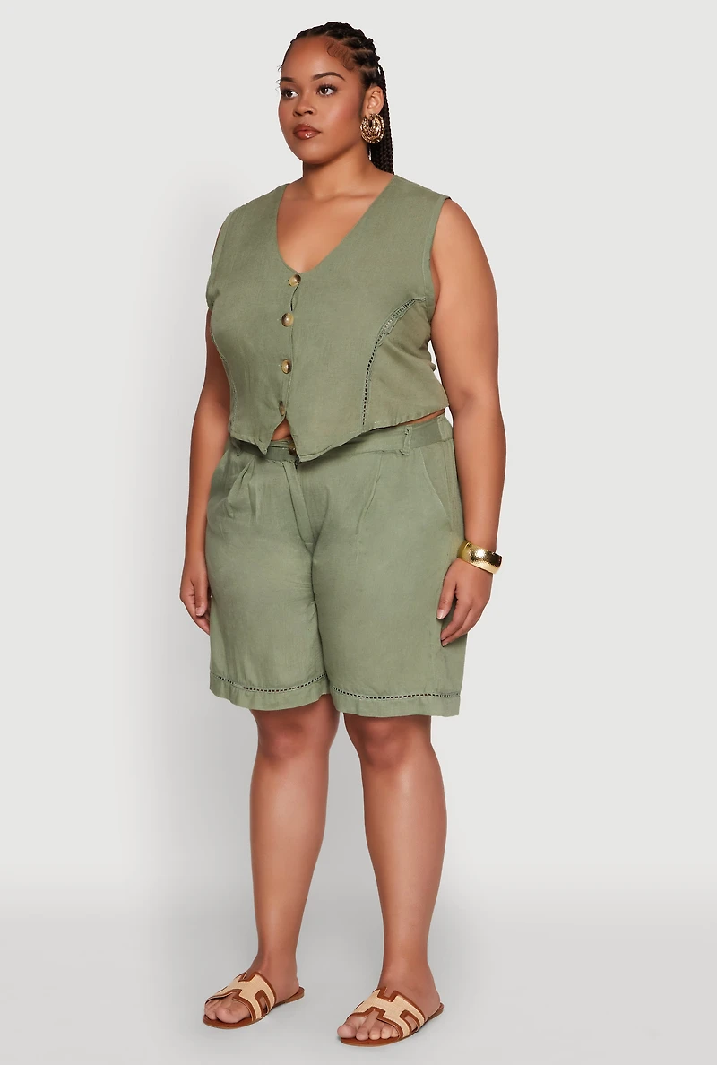 Womens Plus Size Trendy Linen Crochet Detail Cropped Vest, Green, Size 1X