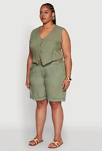 Womens Plus Size Trendy Linen Crochet Detail Cropped Vest, Green, Size 1X