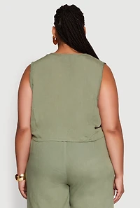 Womens Plus Size Trendy Linen Crochet Detail Cropped Vest, Green, Size 1X