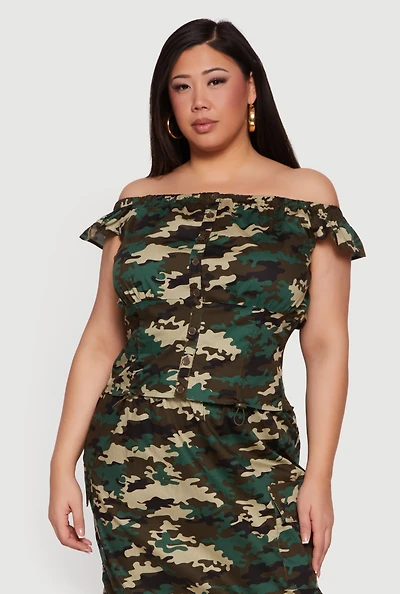 Plus Camouflage Button Front Off The Shoulder Top