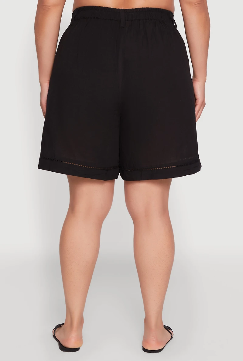 Womens Plus Size Trendy Crochet Detail High Waisted Shorts, Black, Size 3X