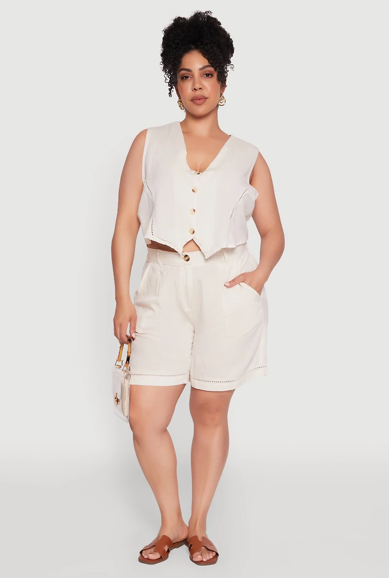 Womens Plus Size Trendy Crochet Detail High Waisted Shorts, Khaki, Size 3X