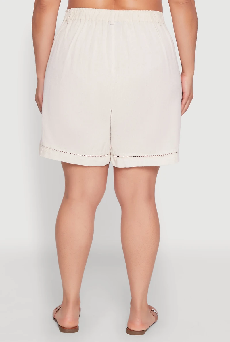 Womens Plus Size Trendy Crochet Detail High Waisted Shorts, Khaki, Size 3X