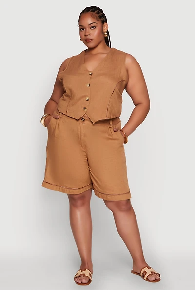 Womens Plus Size Trendy Crochet Detail High Waisted Shorts, Brown, Size 2X