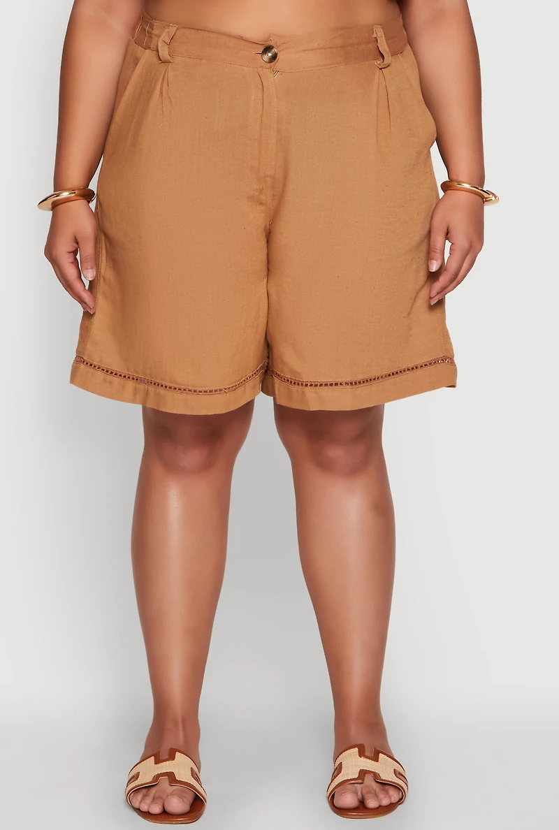 Womens Plus Size Trendy Crochet Detail High Waisted Shorts, Brown, Size 2X