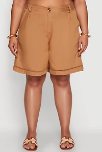 Womens Plus Size Trendy Crochet Detail High Waisted Shorts, Brown, Size 2X