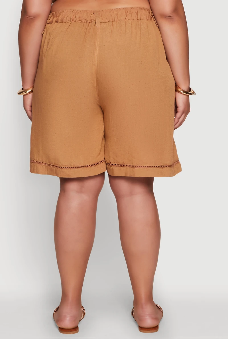 Womens Plus Size Trendy Crochet Detail High Waisted Shorts, Brown, Size 2X