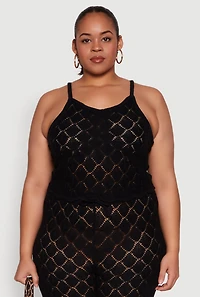 Womens Plus Size Crochet Diamond Knit Cami, Black, Size 2X