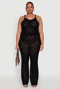 Womens Plus Size Crochet Diamond Knit Cami, Black, Size 2X