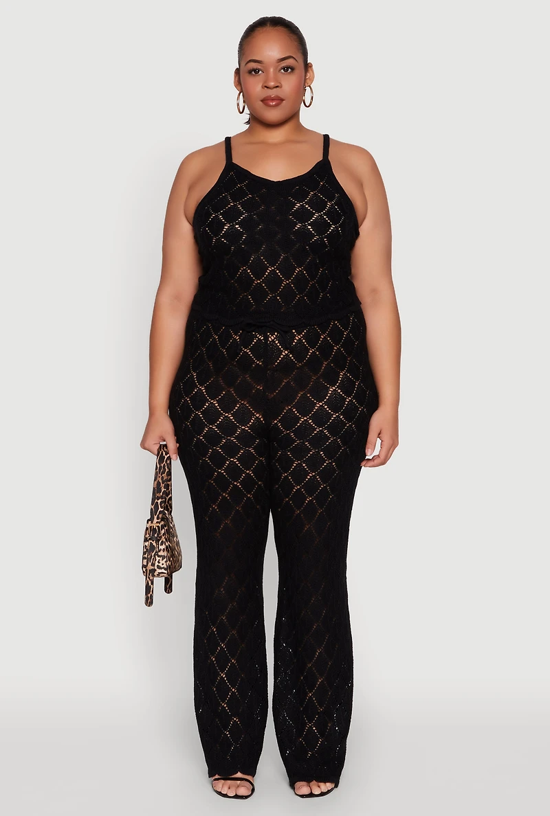 Womens Plus Size Crochet Diamond Knit Cami, Black, Size 2X