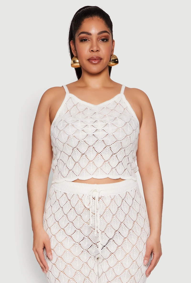Womens Plus Crochet Diamond Knit Cami, White,