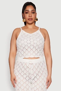 Womens Plus Crochet Diamond Knit Cami, White,