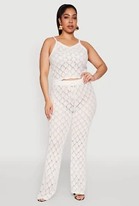Womens Plus Size Crochet Diamond Knit Cami, White, Size 2X