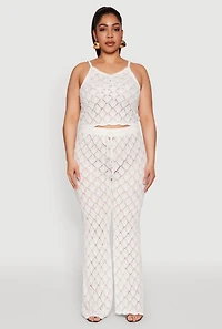 Womens Plus Size Crochet Diamond Knit Cami, White, Size 1X