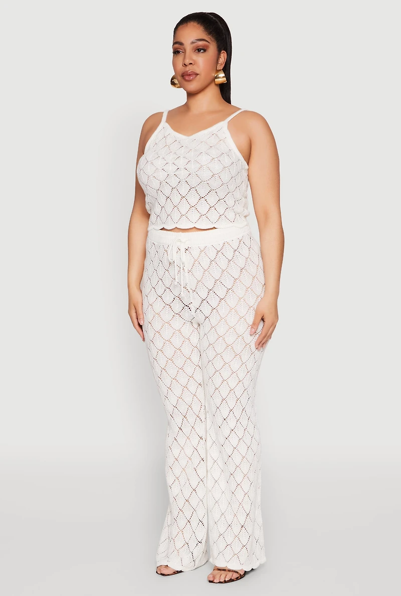 Womens Plus Crochet Diamond Knit Cami, White,