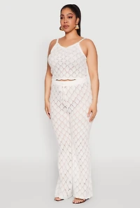 Womens Plus Crochet Diamond Knit Cami, White,