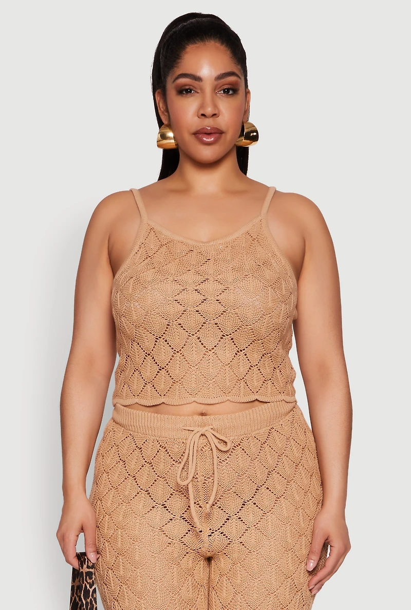 Womens Plus Size Crochet Diamond Knit Cami, Beige, Size 2X
