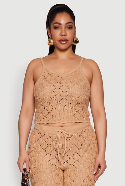 Womens Plus Size Crochet Diamond Knit Cami, Beige, Size 2X