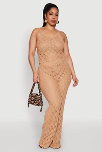 Womens Plus Size Crochet Diamond Knit Cami, Beige, Size 2X
