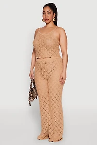 Womens Plus Size Crochet Diamond Knit Cami, Beige, Size 2X