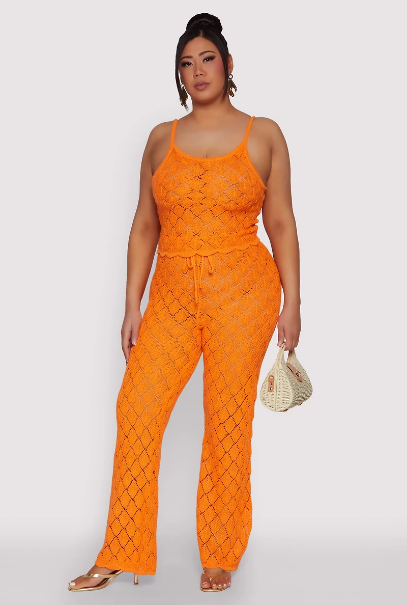 Womens Plus Size Crochet Diamond Knit Cami, Orange, Size 2X