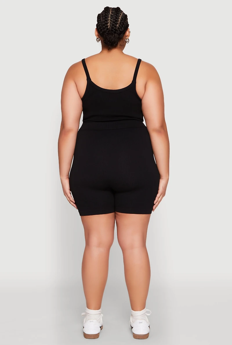 Womens Plus Size Seamless Rib Knit Cami and Biker Shorts, Black, Size 1X-2X