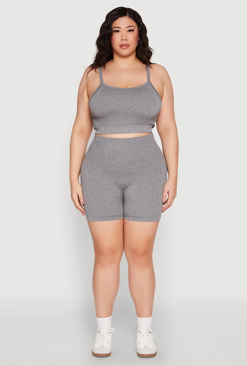 Womens Plus Size Seamless Rib Knit Cami and Biker Shorts, Grey, Size 1X-2X