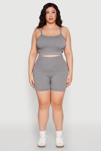 Womens Plus Size Seamless Rib Knit Cami and Biker Shorts, Grey, Size 1X-2X