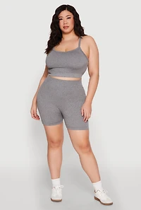 Womens Plus Size Seamless Rib Knit Cami and Biker Shorts, Grey, Size 1X-2X